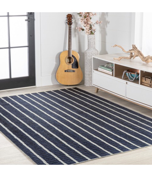 WSH119A Area Rug Rand Distressed Ticking Stripe Machine-Washable Navy/Gray 5 ft. x 8 ft. Area Rug