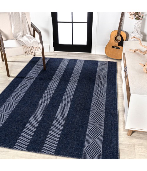 WSH120A Area Rug Nautisk Trellis Stripe Machine-Washable Navy/Gray 9 ft. x 12 ft. Area Rug