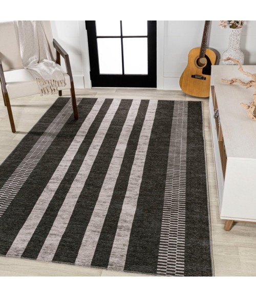 WSH122A Area Rug Vichy Geometric Striped Machine-Washable Black/Ivory 8 ft. x 10 ft. Area Rug