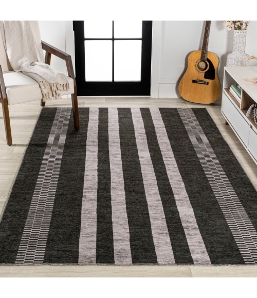 WSH122A Area Rug Vichy Geometric Striped Machine-Washable Black/Ivory 8 ft. x 10 ft. Area Rug