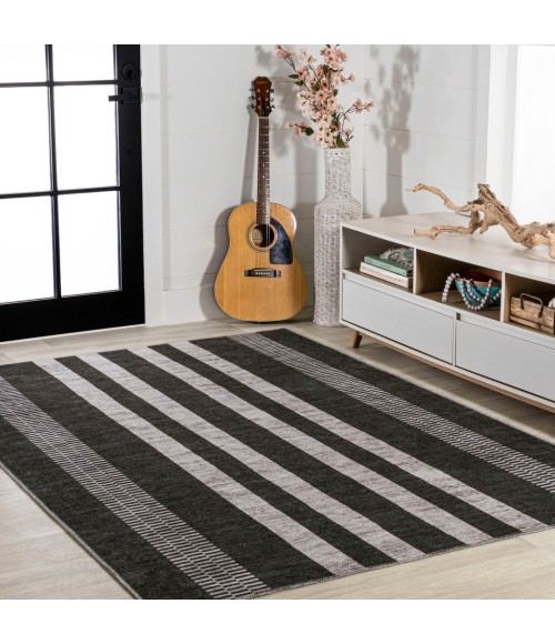 WSH122A Area Rug Vichy Geometric Striped Machine-Washable Black/Ivory 8 ft. x 10 ft. Area Rug