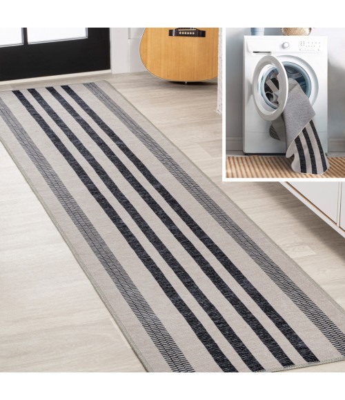 WSH122B Area Rug Vichy Geometric Striped Machine-Washable Ivory/Dark Gray 2 ft. x 8 ft. Runner Rug