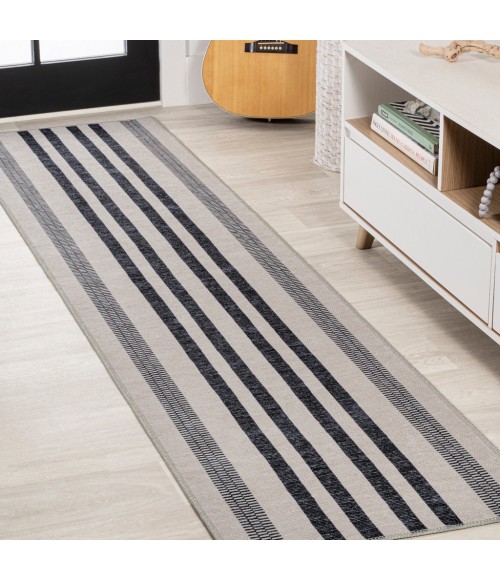 WSH122B Area Rug Vichy Geometric Striped Machine-Washable Ivory/Dark Gray 2 ft. x 8 ft. Runner Rug