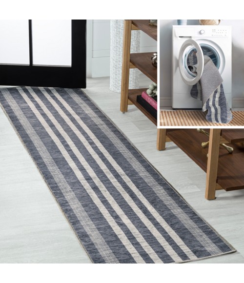 WASHABLE Area Rug Vichy Geometric Striped Machine-Washable Slate Gray/Ivory 2 ft. x 8 ft. Runner Rug