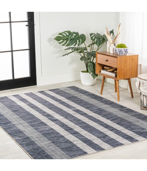 WASHABLE Area Rug Vichy Geometric Striped Machine-Washable Slate Gray/Ivory 5 ft. x 8 ft. Area Rug