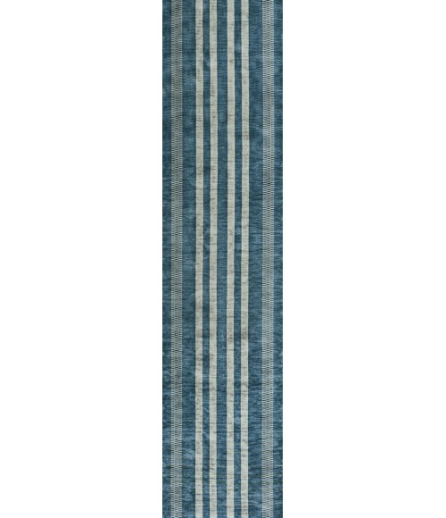 WASHABLE Area Rug Vichy Geometric Striped Machine-Washable Blue/Cream 2 ft. x 8 ft. Runner Rug