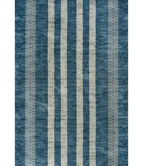 WASHABLE Area Rug Vichy Geometric Striped Machine-Washable Blue/Cream 3 ft. x 5 ft. Area Rug