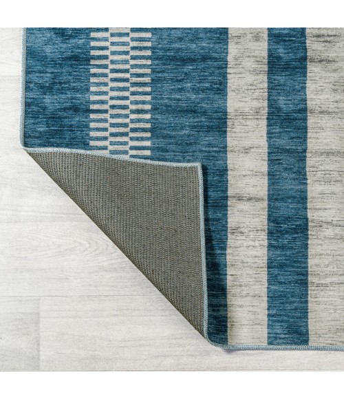 WASHABLE Area Rug Vichy Geometric Striped Machine-Washable Blue/Cream 3 ft. x 5 ft. Area Rug