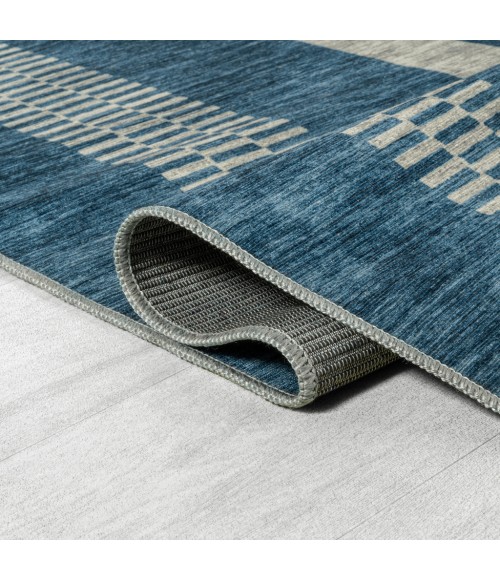 WASHABLE Area Rug Vichy Geometric Striped Machine-Washable Blue/Cream 3 ft. x 5 ft. Area Rug