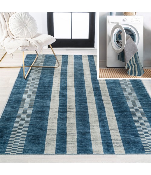 WASHABLE Area Rug Vichy Geometric Striped Machine-Washable Blue/Cream 3 ft. x 5 ft. Area Rug