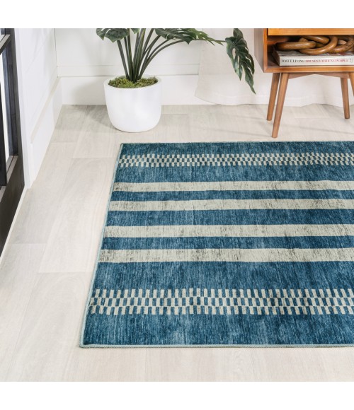 WASHABLE Area Rug Vichy Geometric Striped Machine-Washable Blue/Cream 3 ft. x 5 ft. Area Rug
