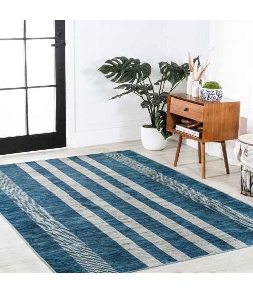 WASHABLE Area Rug Vichy Geometric Striped Machine-Washable Blue/Cream 3 ft. x 5 ft. Area Rug
