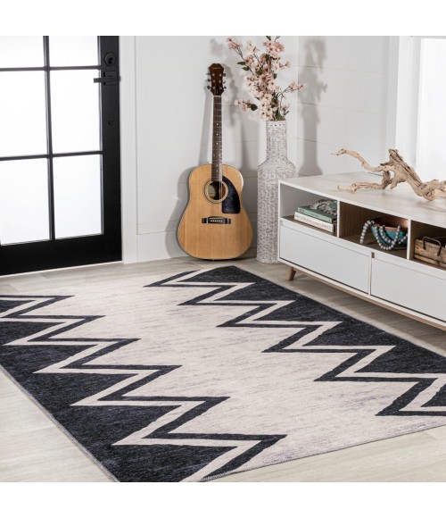 WSH124A Area Rug Siksak Modern Chevron Border Machine-Washable Ivory/Navy 4 ft. x 6 ft. Area Rug