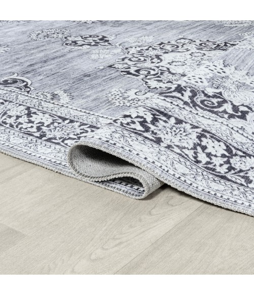 WASHABLE Area Rug Bausch Bohemian Distressed Chenille Machine-Washable Gray/White 3 ft. x 5 ft. Area Rug