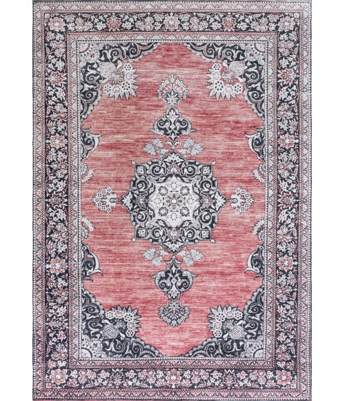 WASHABLE Area Rug Bausch Bohemian Distressed Chenille Machine-Washable Dark Pink/Black/White 3 ft. x 5 ft. Area Rug