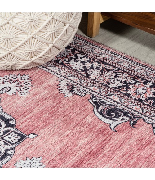WASHABLE Area Rug Bausch Bohemian Distressed Chenille Machine-Washable Dark Pink/Black/White 3 ft. x 5 ft. Area Rug