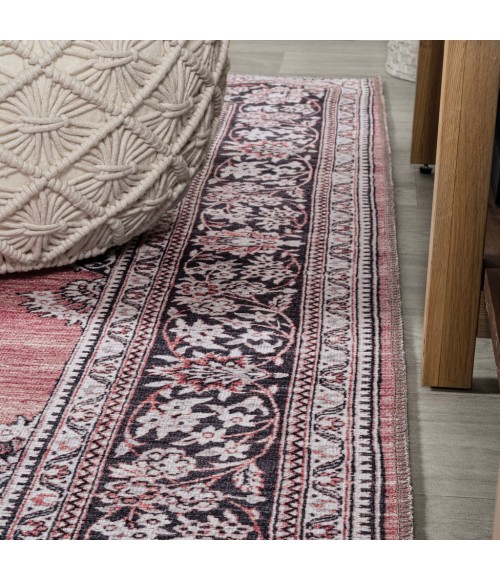 WASHABLE Area Rug Bausch Bohemian Distressed Chenille Machine-Washable Dark Pink/Black/White 3 ft. x 5 ft. Area Rug