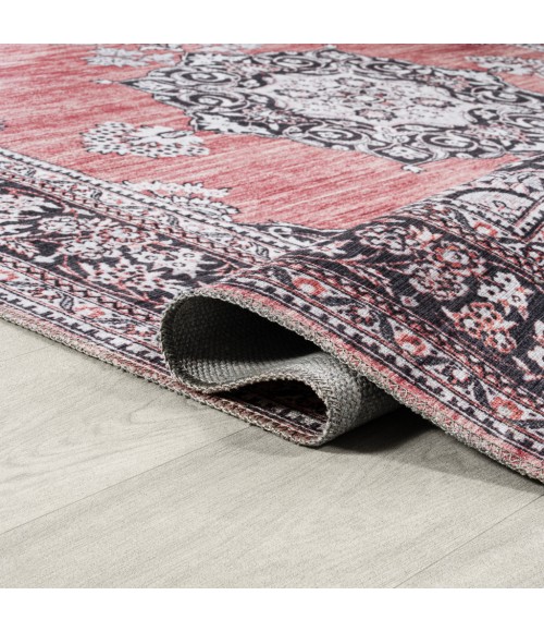 WASHABLE Area Rug Bausch Bohemian Distressed Chenille Machine-Washable Dark Pink/Black/White 3 ft. x 5 ft. Area Rug