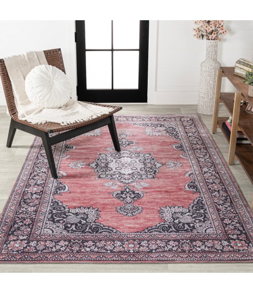 WASHABLE Area Rug Bausch Bohemian Distressed Chenille Machine-Washable Dark Pink/Black/White 3 ft. x 5 ft. Area Rug