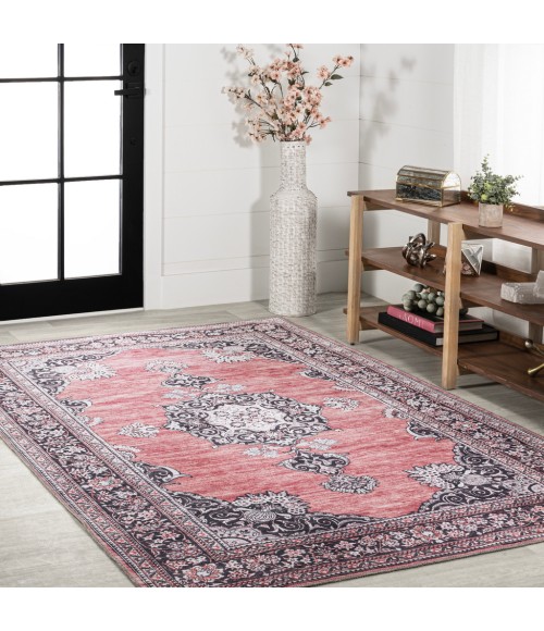 WASHABLE Area Rug Bausch Bohemian Distressed Chenille Machine-Washable Dark Pink/Black/White 3 ft. x 5 ft. Area Rug