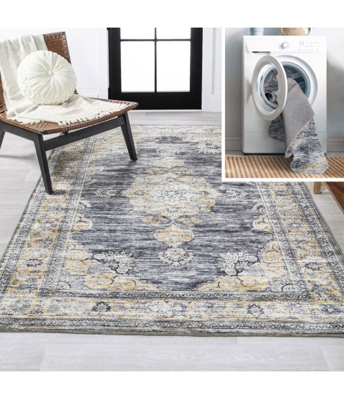 WASHABLE Area Rug Bausch Bohemian Distressed Chenille Machine-Washable Dark Gray/Yellow 3 ft. x 5 ft. Area Rug