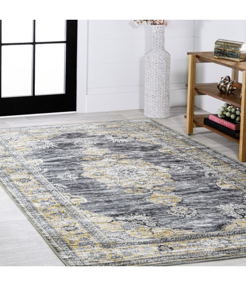 WASHABLE Area Rug Bausch Bohemian Distressed Chenille Machine-Washable Dark Gray/Yellow 3 ft. x 5 ft. Area Rug