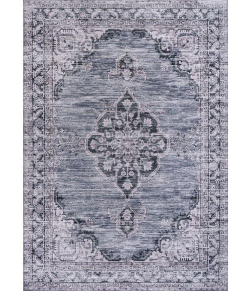 WASHABLE Area Rug Wincer Chenille Cottage Medallion Machine-Washable Navy/Gray/Black 5 ft. x 8 ft. Area Rug