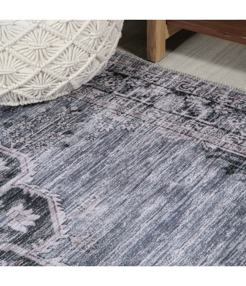 WASHABLE Area Rug Wincer Chenille Cottage Medallion Machine-Washable Navy/Gray/Black 5 ft. x 8 ft. Area Rug