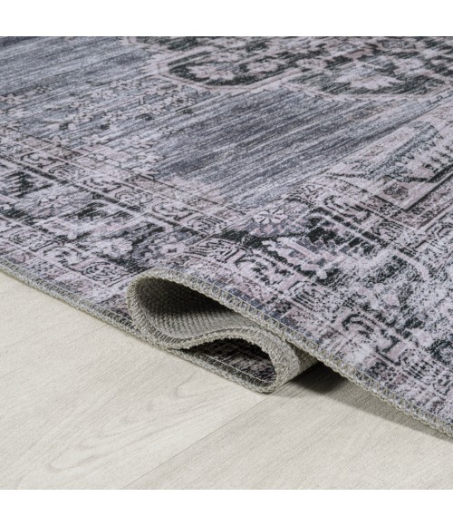 WASHABLE Area Rug Wincer Chenille Cottage Medallion Machine-Washable Navy/Gray/Black 5 ft. x 8 ft. Area Rug