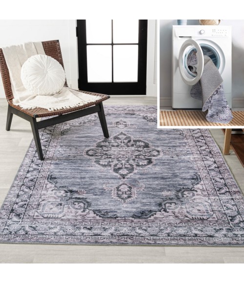WASHABLE Area Rug Wincer Chenille Cottage Medallion Machine-Washable Navy/Gray/Black 5 ft. x 8 ft. Area Rug