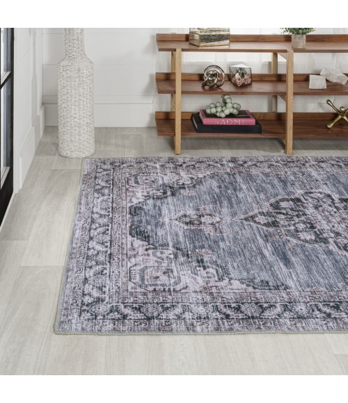 WASHABLE Area Rug Wincer Chenille Cottage Medallion Machine-Washable Navy/Gray/Black 5 ft. x 8 ft. Area Rug