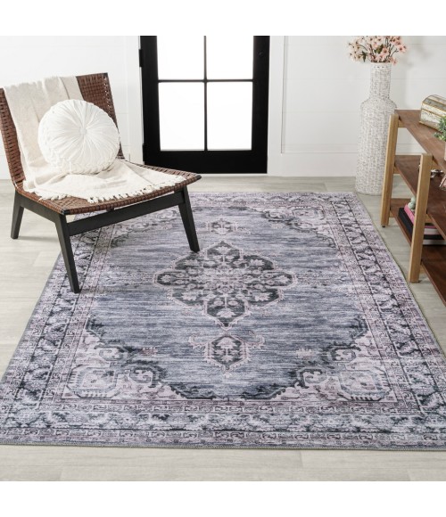 WASHABLE Area Rug Wincer Chenille Cottage Medallion Machine-Washable Navy/Gray/Black 5 ft. x 8 ft. Area Rug