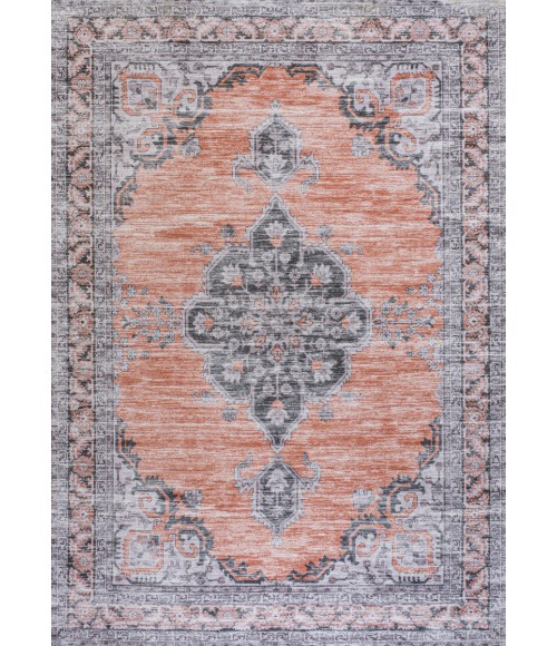 WASHABLE Area Rug Wincer Chenille Cottage Medallion Machine-Washable Orange/Gray 3 ft. x 5 ft. Area Rug
