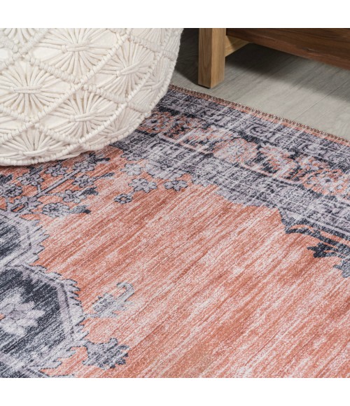WASHABLE Area Rug Wincer Chenille Cottage Medallion Machine-Washable Orange/Gray 3 ft. x 5 ft. Area Rug