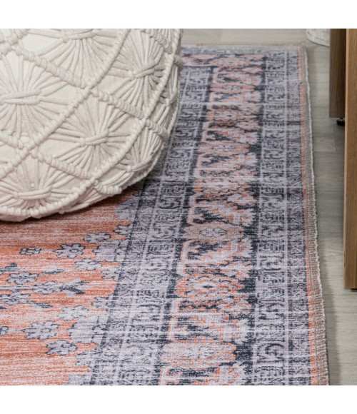 WASHABLE Area Rug Wincer Chenille Cottage Medallion Machine-Washable Orange/Gray 3 ft. x 5 ft. Area Rug