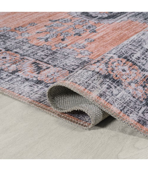 WASHABLE Area Rug Wincer Chenille Cottage Medallion Machine-Washable Orange/Gray 3 ft. x 5 ft. Area Rug