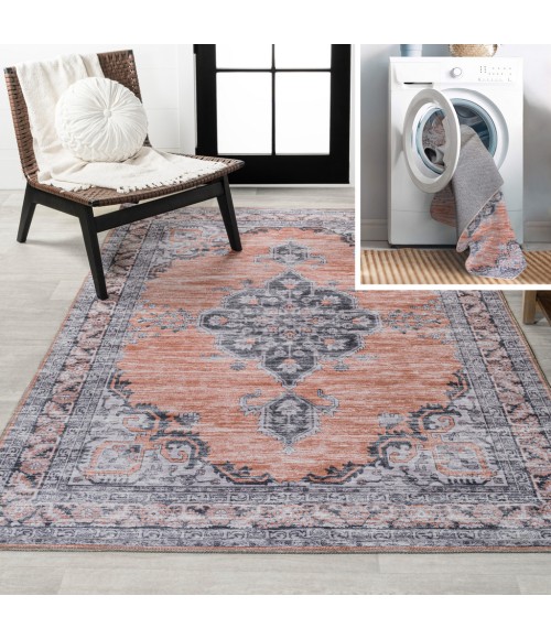 WASHABLE Area Rug Wincer Chenille Cottage Medallion Machine-Washable Orange/Gray 3 ft. x 5 ft. Area Rug