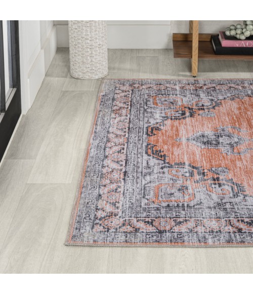 WASHABLE Area Rug Wincer Chenille Cottage Medallion Machine-Washable Orange/Gray 3 ft. x 5 ft. Area Rug