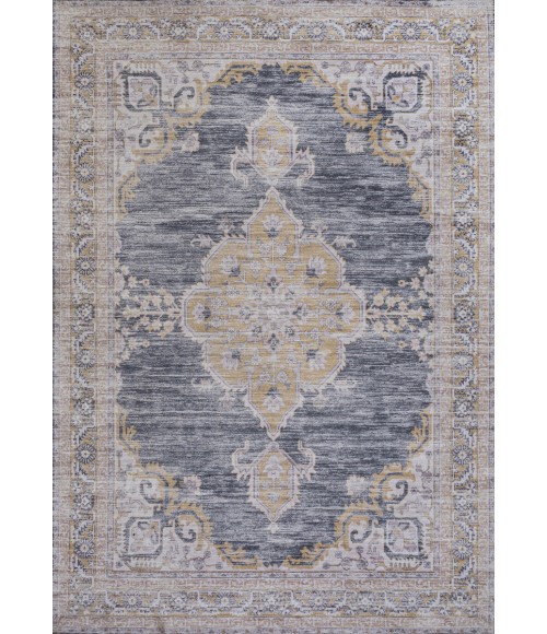 WASHABLE Area Rug Wincer Chenille Cottage Medallion Machine-Washable Dark Gray/Yellow 3 ft. x 5 ft. Area Rug