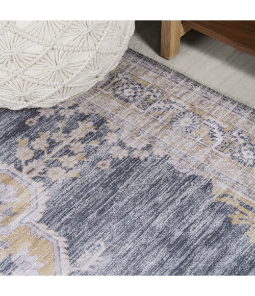 WASHABLE Area Rug Wincer Chenille Cottage Medallion Machine-Washable Dark Gray/Yellow 3 ft. x 5 ft. Area Rug