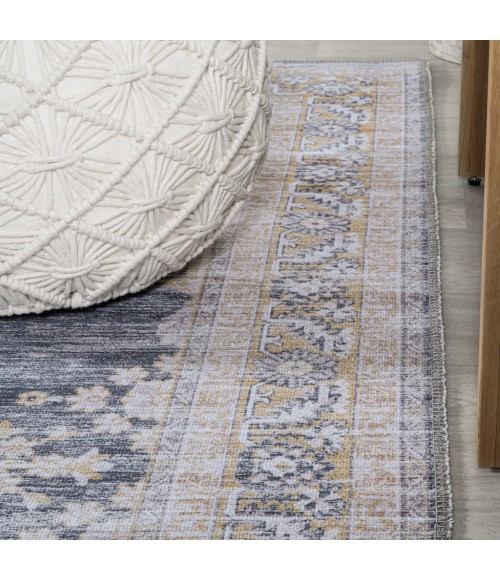WASHABLE Area Rug Wincer Chenille Cottage Medallion Machine-Washable Dark Gray/Yellow 3 ft. x 5 ft. Area Rug