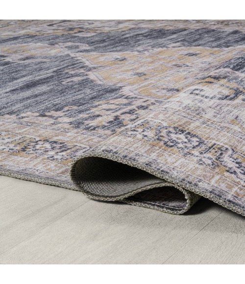 WASHABLE Area Rug Wincer Chenille Cottage Medallion Machine-Washable Dark Gray/Yellow 3 ft. x 5 ft. Area Rug