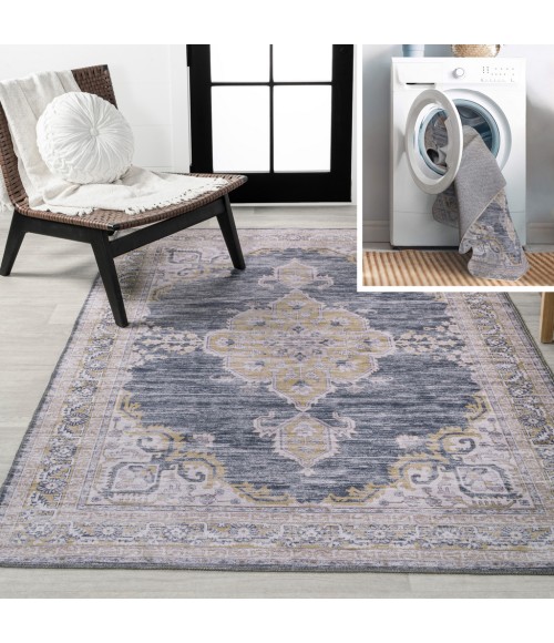 WASHABLE Area Rug Wincer Chenille Cottage Medallion Machine-Washable Dark Gray/Yellow 3 ft. x 5 ft. Area Rug