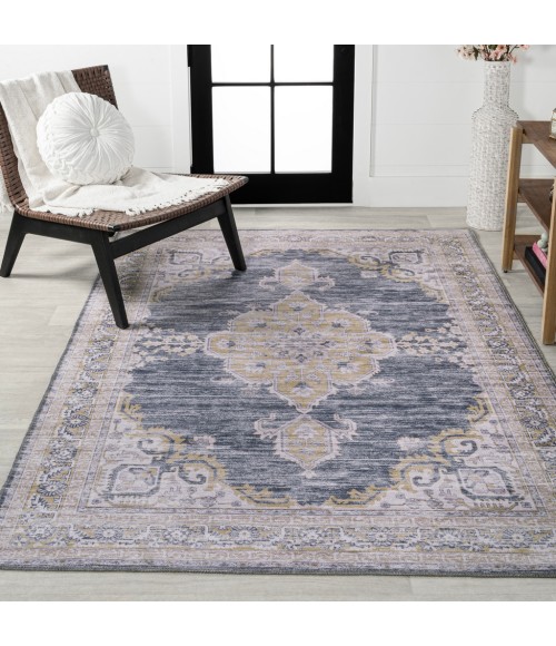 WASHABLE Area Rug Wincer Chenille Cottage Medallion Machine-Washable Dark Gray/Yellow 3 ft. x 5 ft. Area Rug