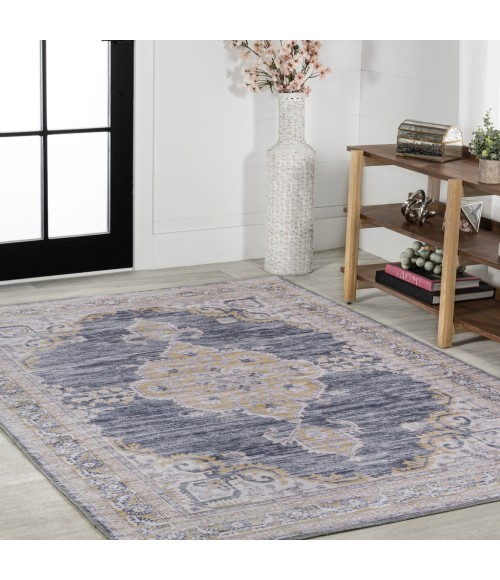WASHABLE Area Rug Wincer Chenille Cottage Medallion Machine-Washable Dark Gray/Yellow 3 ft. x 5 ft. Area Rug