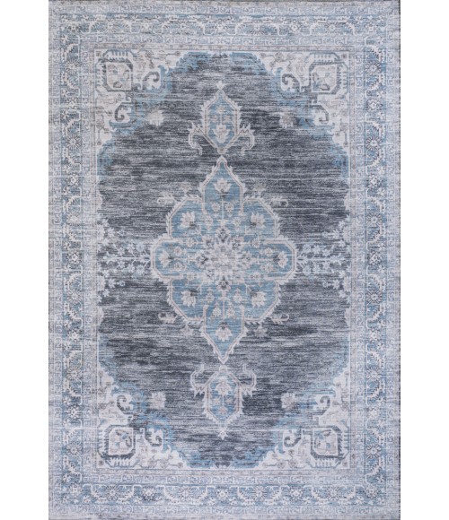 WASHABLE Area Rug Wincer Chenille Cottage Medallion Machine-Washable Gray/Blue/White 3 ft. x 5 ft. Area Rug