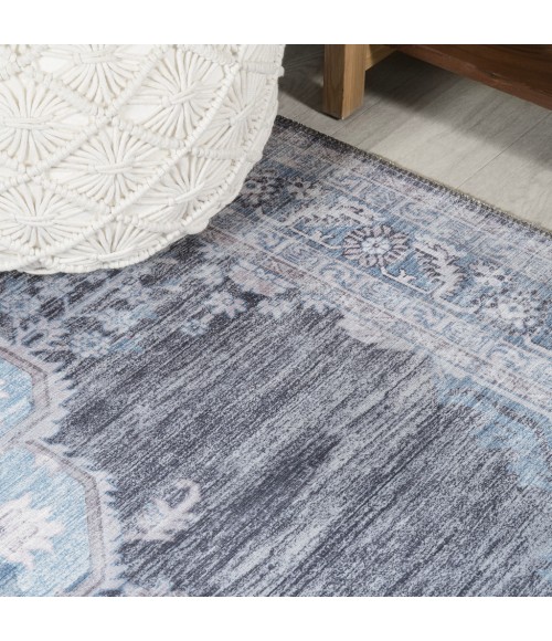WASHABLE Area Rug Wincer Chenille Cottage Medallion Machine-Washable Gray/Blue/White 3 ft. x 5 ft. Area Rug