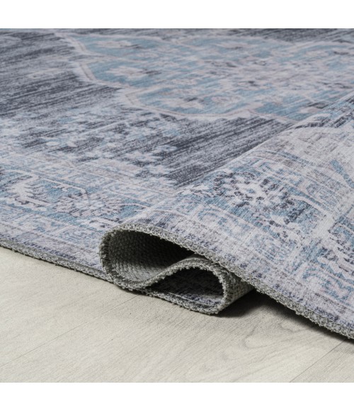 WASHABLE Area Rug Wincer Chenille Cottage Medallion Machine-Washable Gray/Blue/White 3 ft. x 5 ft. Area Rug