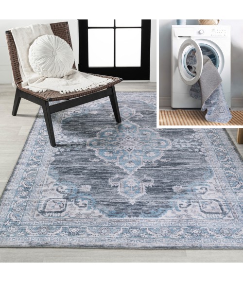 WASHABLE Area Rug Wincer Chenille Cottage Medallion Machine-Washable Gray/Blue/White 3 ft. x 5 ft. Area Rug