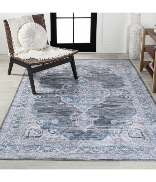 WASHABLE Area Rug Wincer Chenille Cottage Medallion Machine-Washable Gray/Blue/White 3 ft. x 5 ft. Area Rug